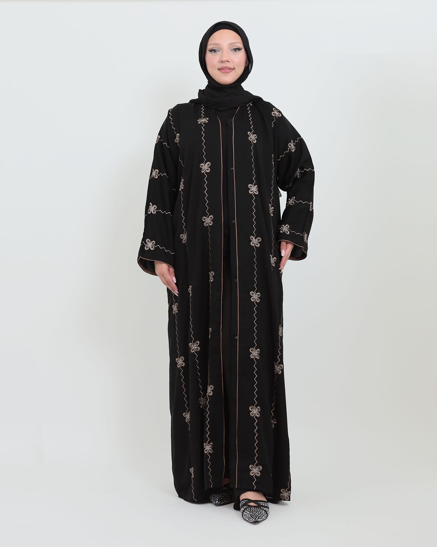 Decorated Abaya in Nida fabric with Hijab - Black - 8