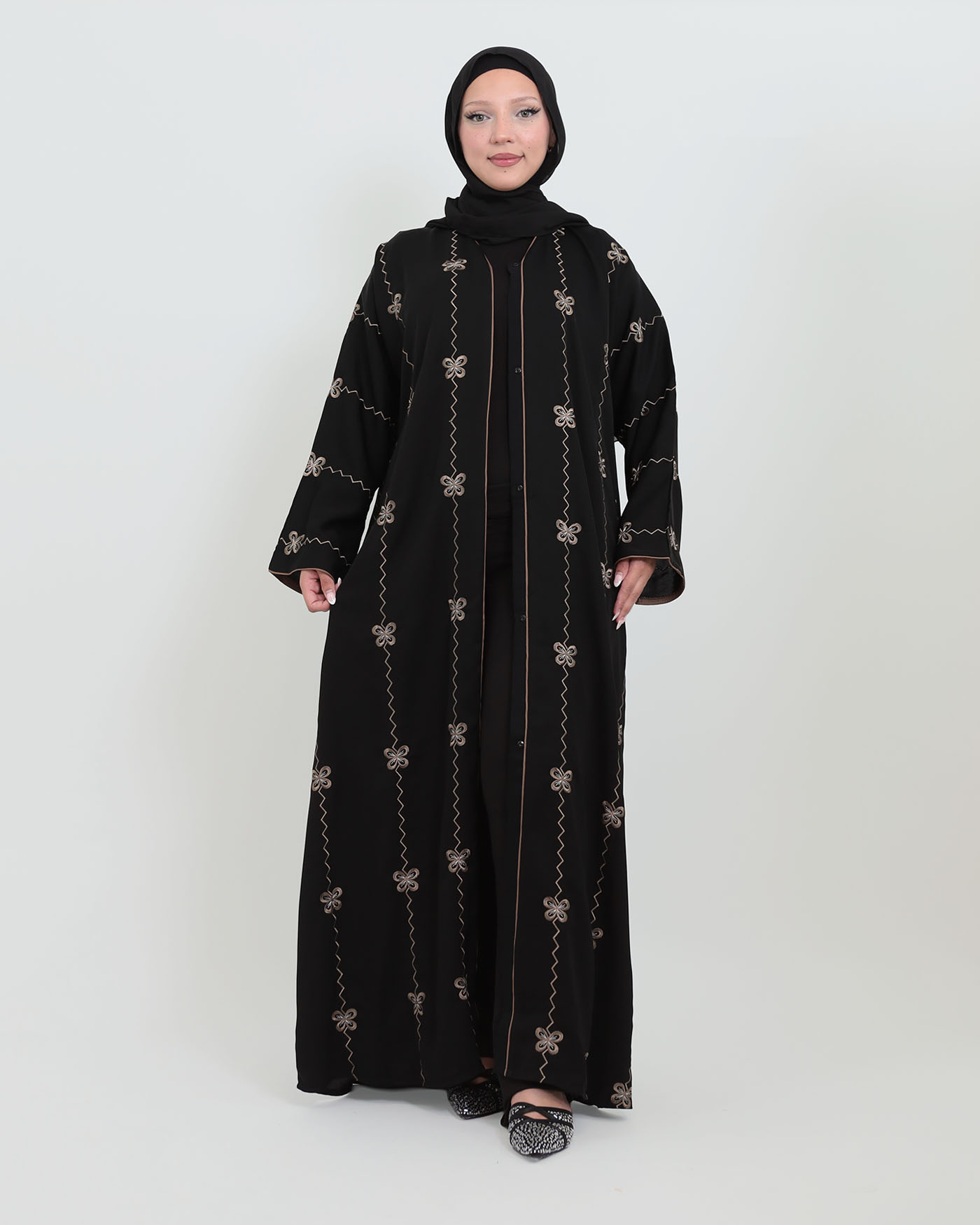 Decorated Abaya in Nida fabric with Hijab - Black