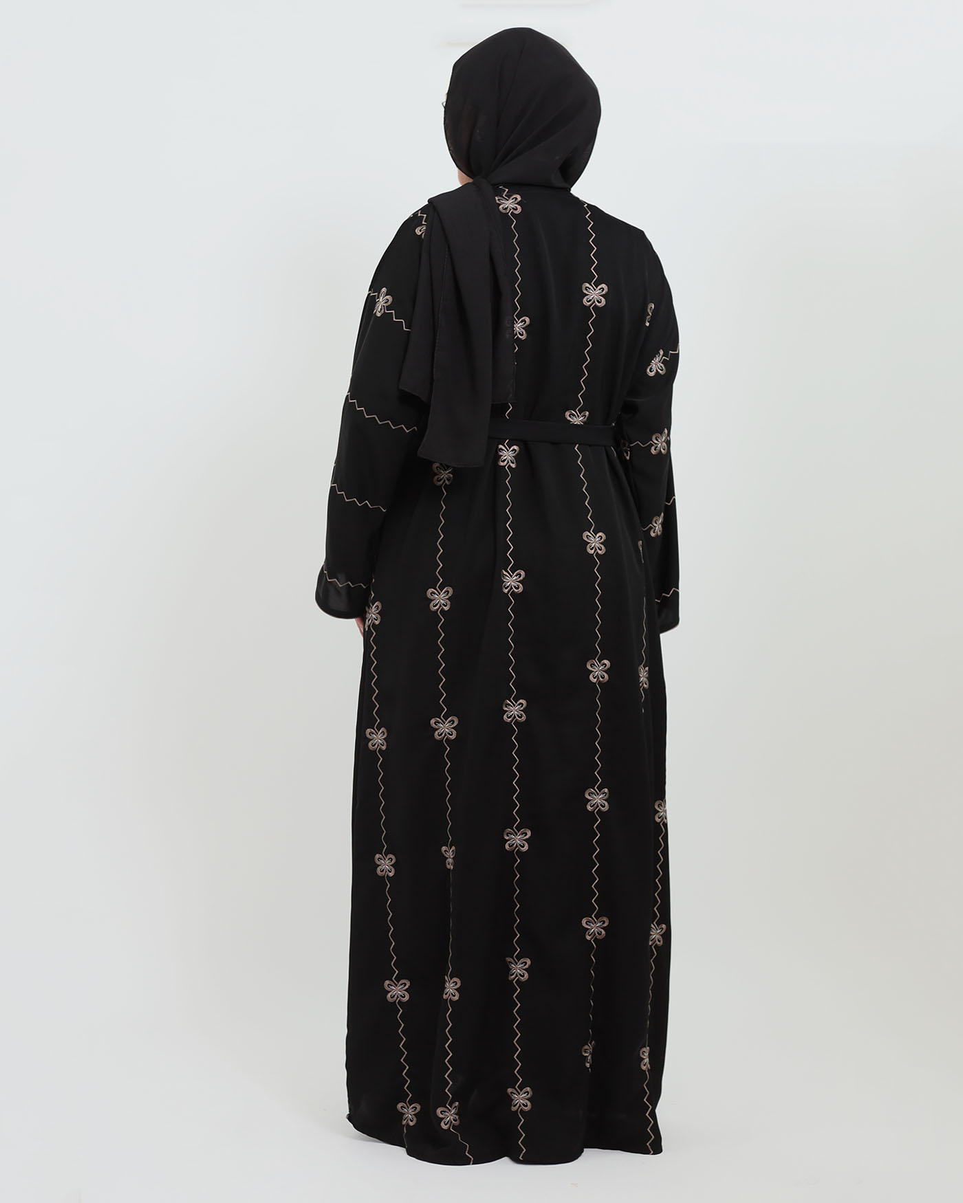 Decorated Abaya in Nida fabric with Hijab - Black - 7