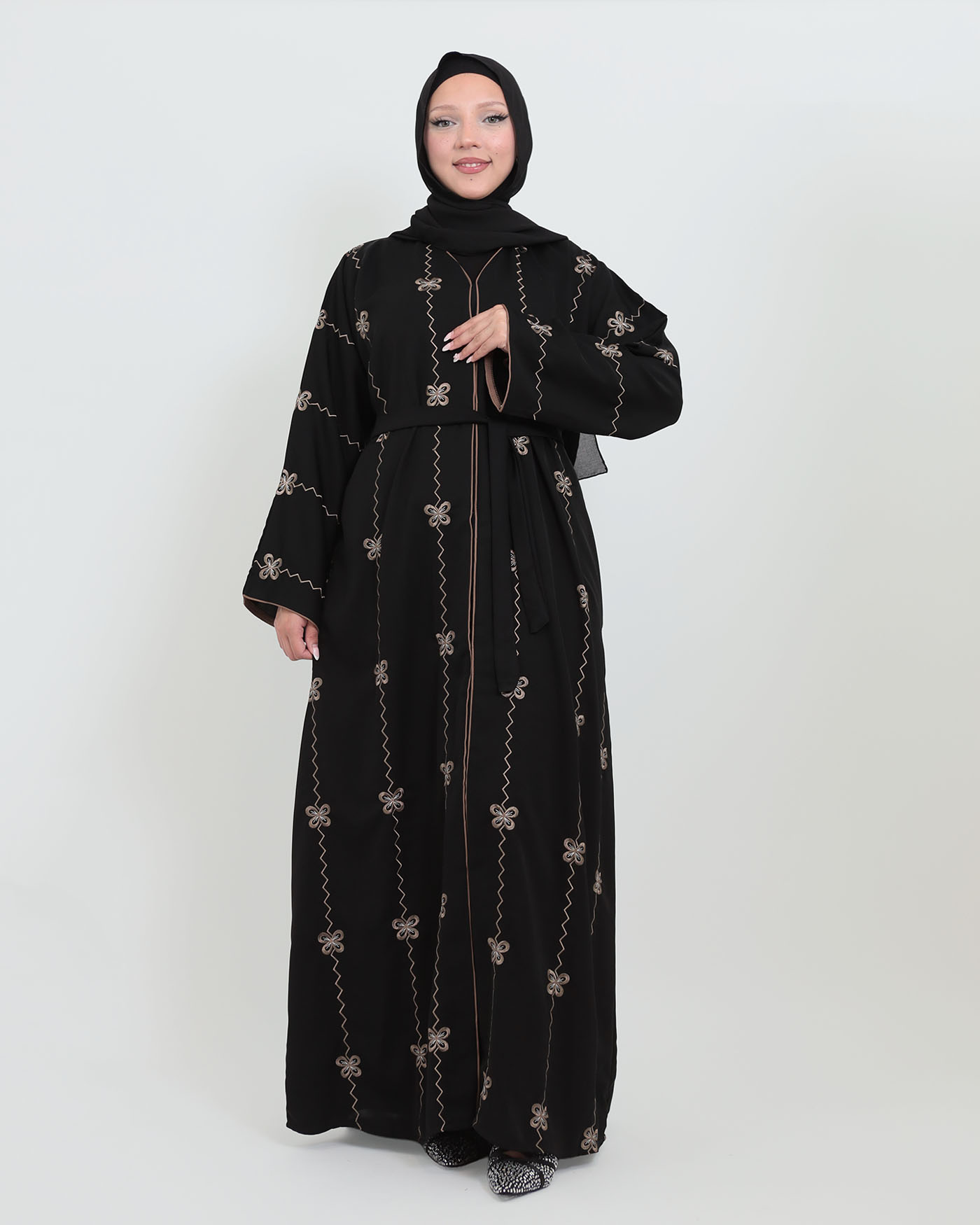 Decorated Abaya in Nida fabric with Hijab - Black - 4