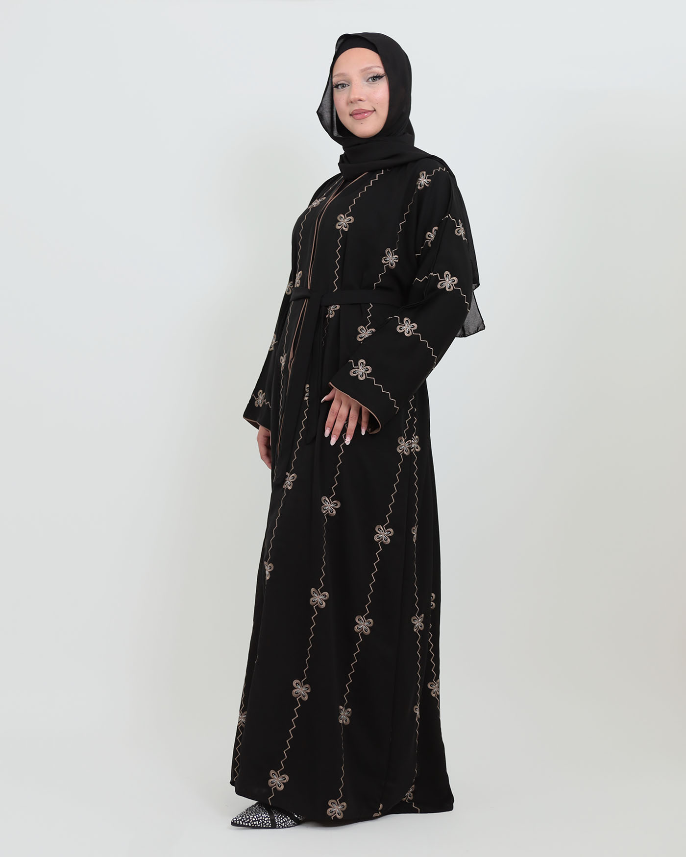 Decorated Abaya in Nida fabric with Hijab - Black - 6