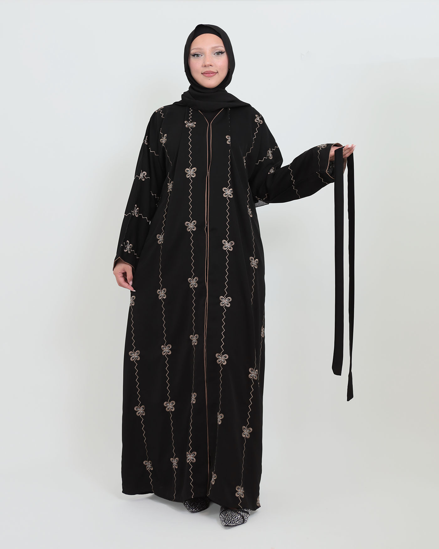 Decorated Abaya in Nida fabric with Hijab - Black - 2