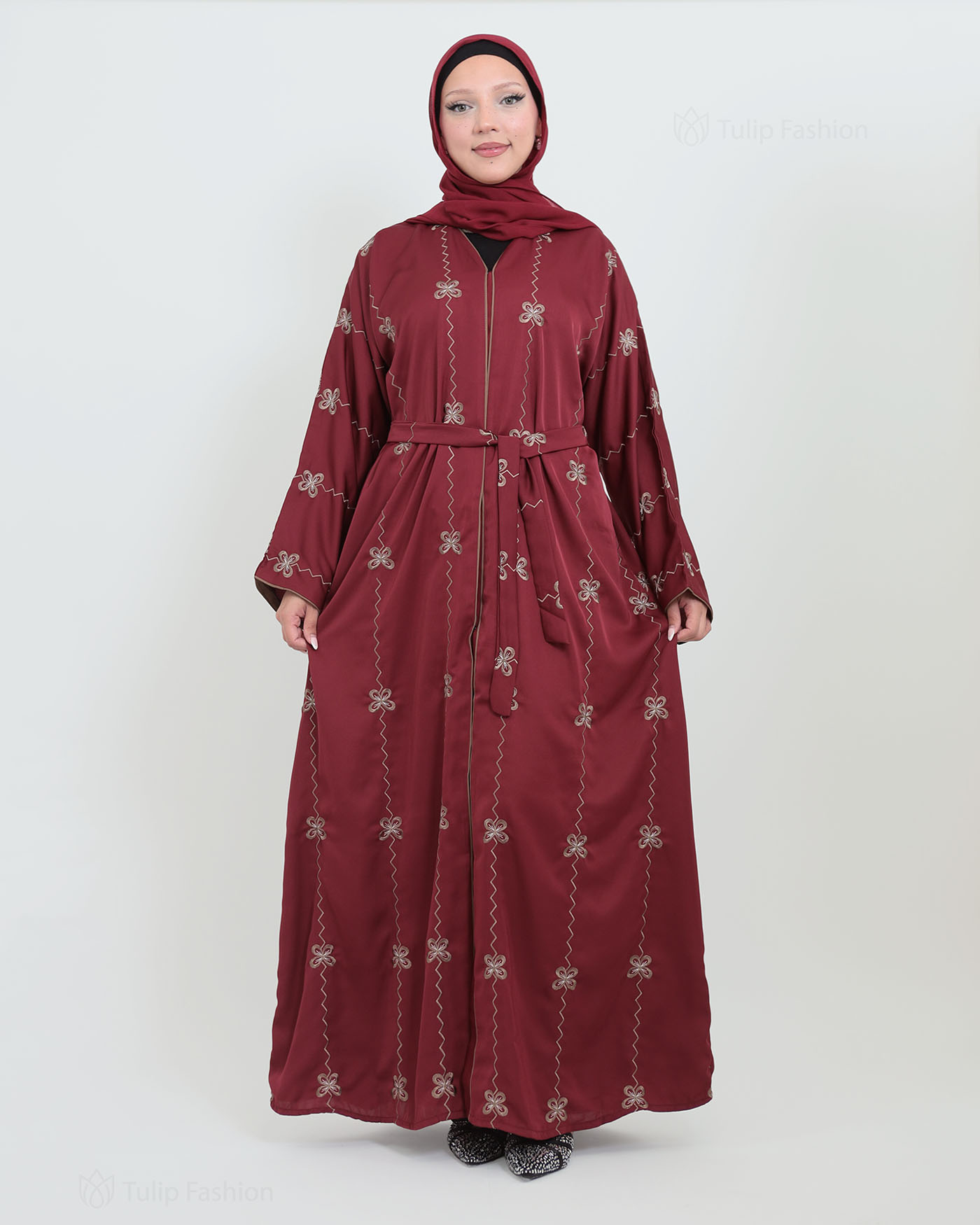 Decorated Abaya in Nida fabric with Hijab - Wine Red - 6