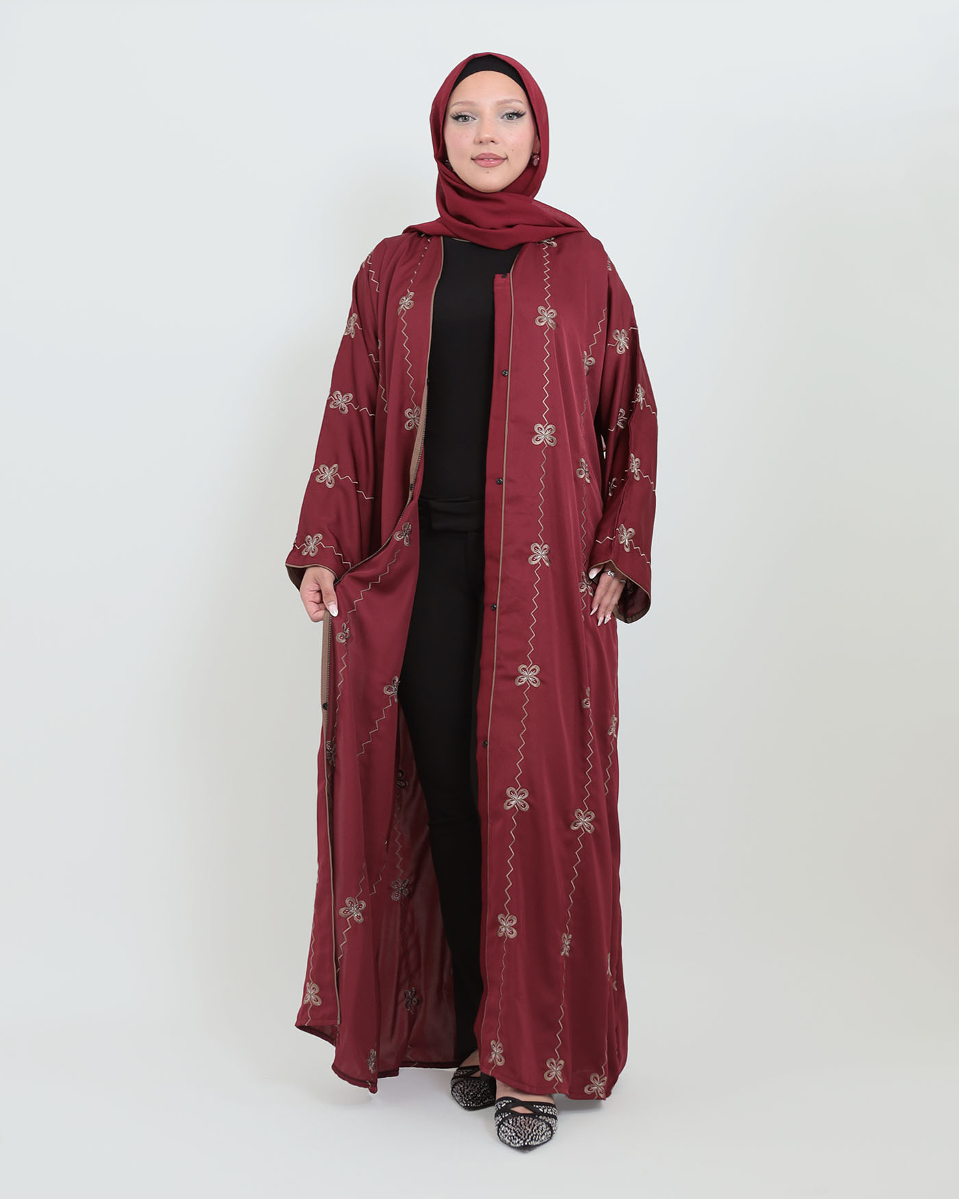 Decorated Abaya in Nida fabric with Hijab - Wine Red - 2