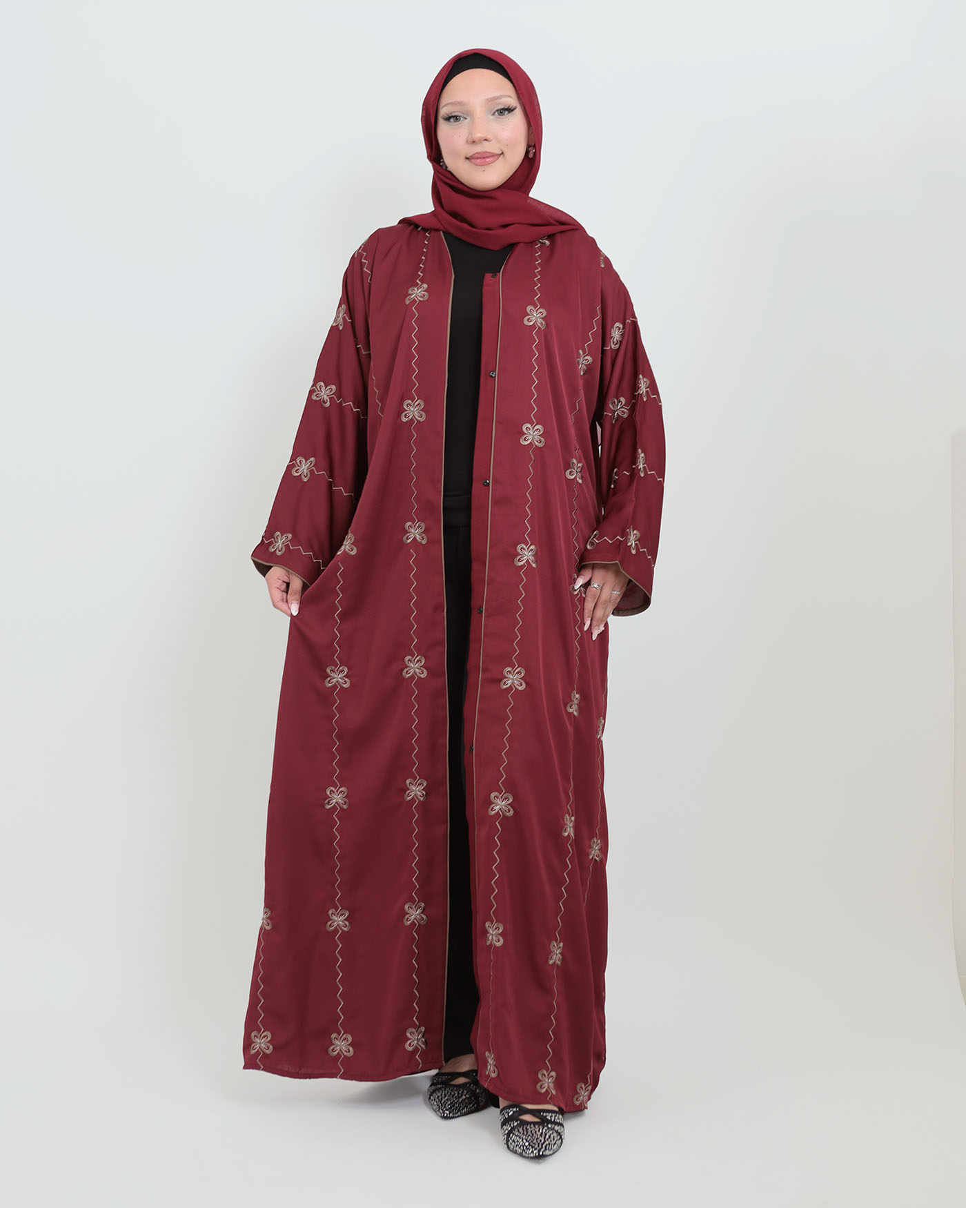 Decorated Abaya in Nida fabric with Hijab - Wine Red