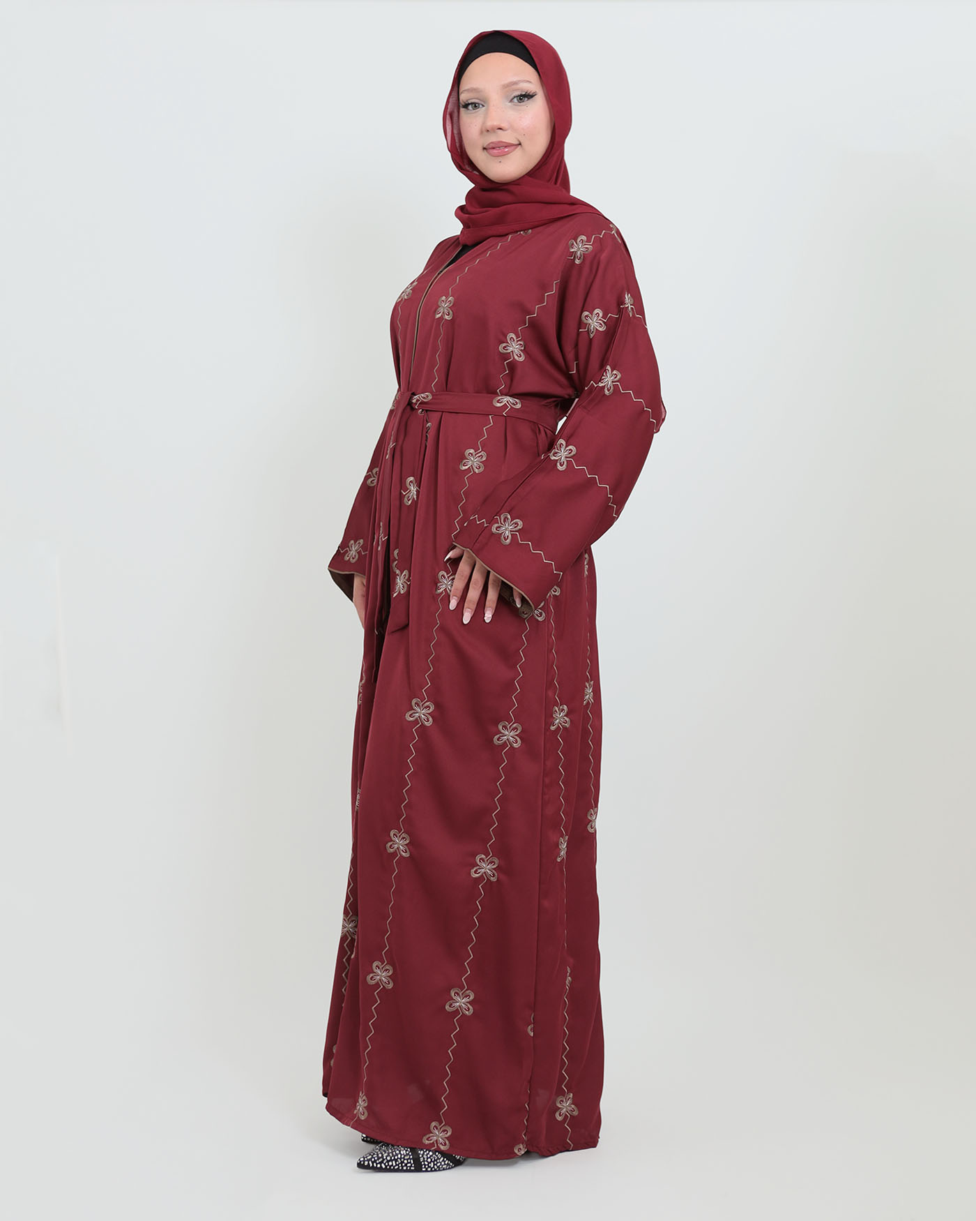 Decorated Abaya in Nida fabric with Hijab - Wine Red - 10
