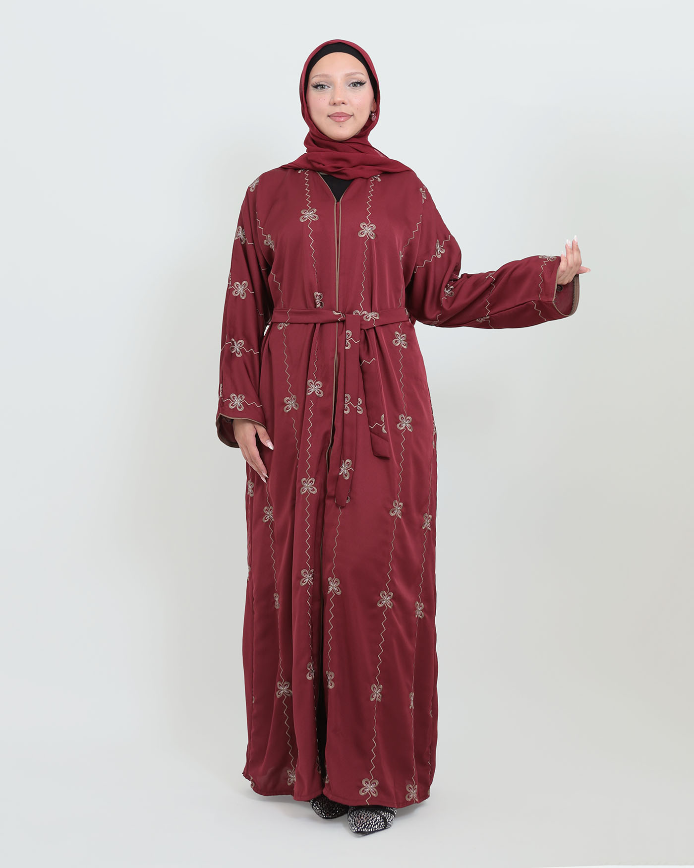 Decorated Abaya in Nida fabric with Hijab - Wine Red - 5