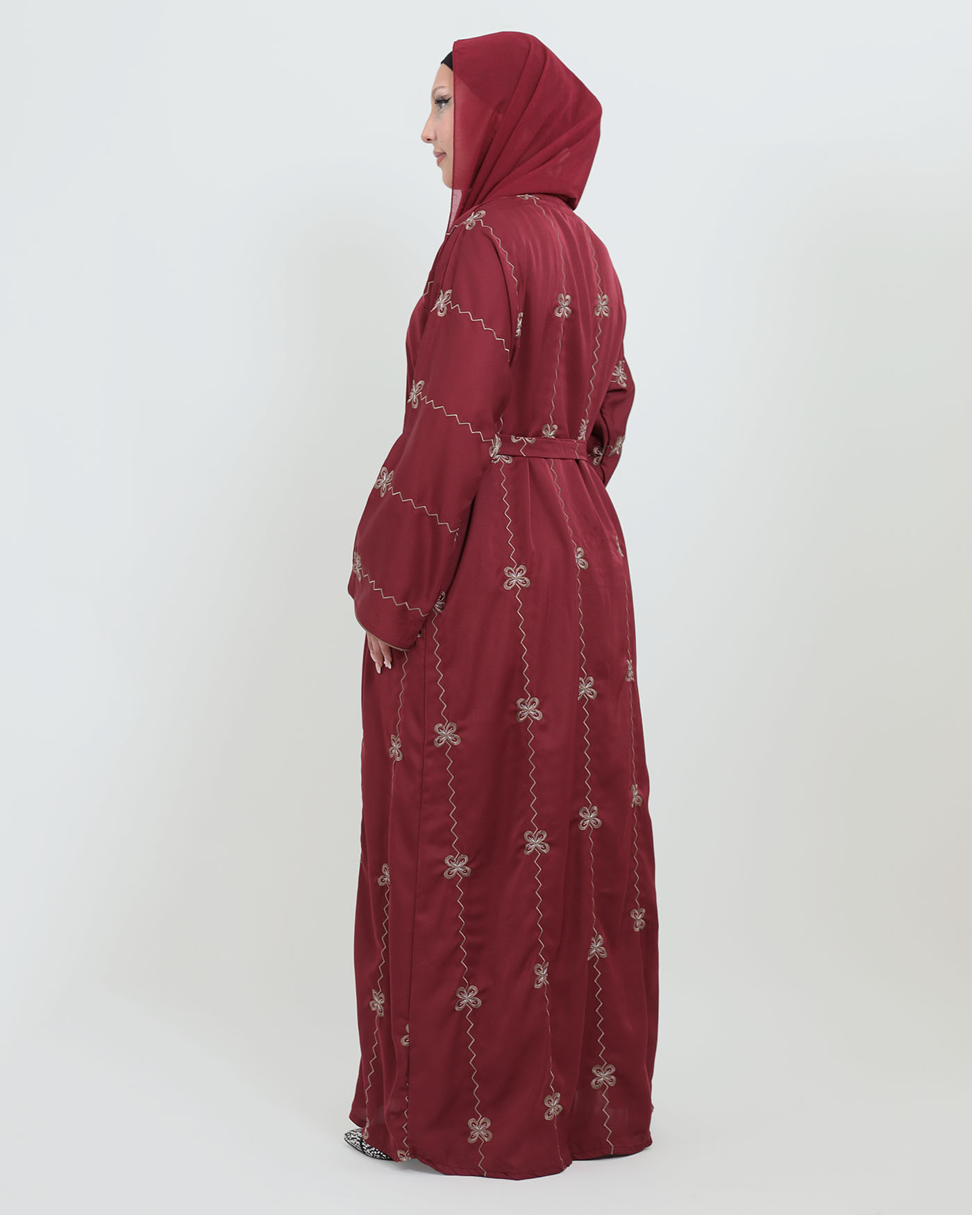 Decorated Abaya in Nida fabric with Hijab - Wine Red - 9