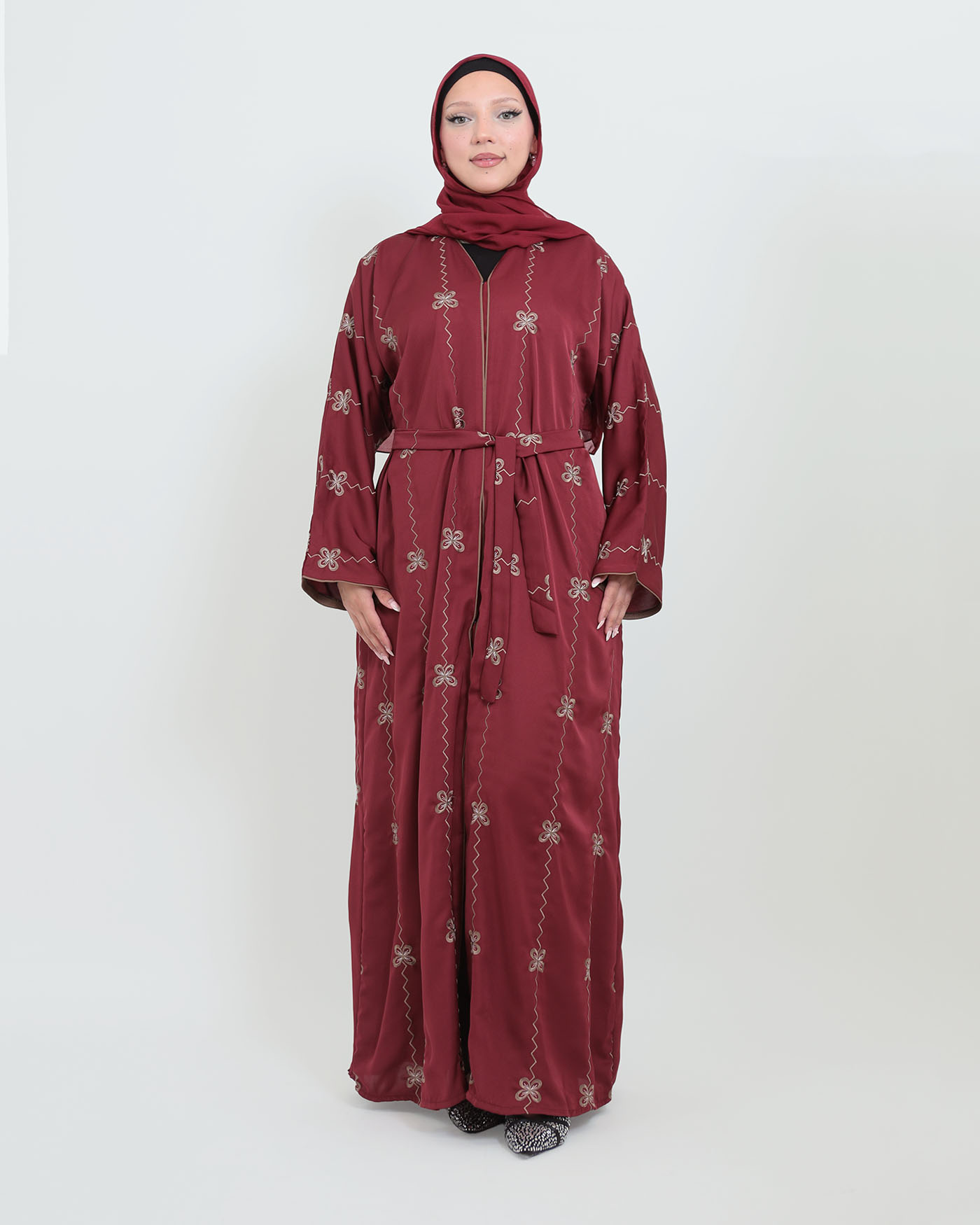 Decorated Abaya in Nida fabric with Hijab - Wine Red - 4