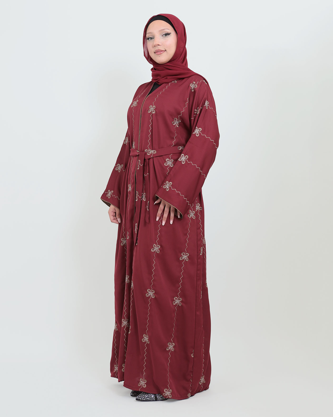 Decorated Abaya in Nida fabric with Hijab - Wine Red - 8