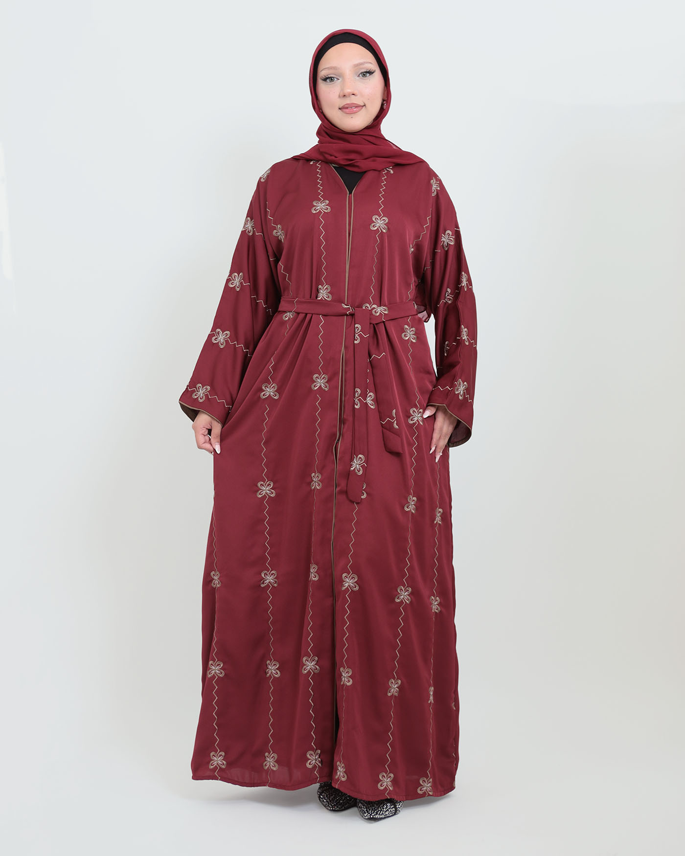 Decorated Abaya in Nida fabric with Hijab - Wine Red - 7