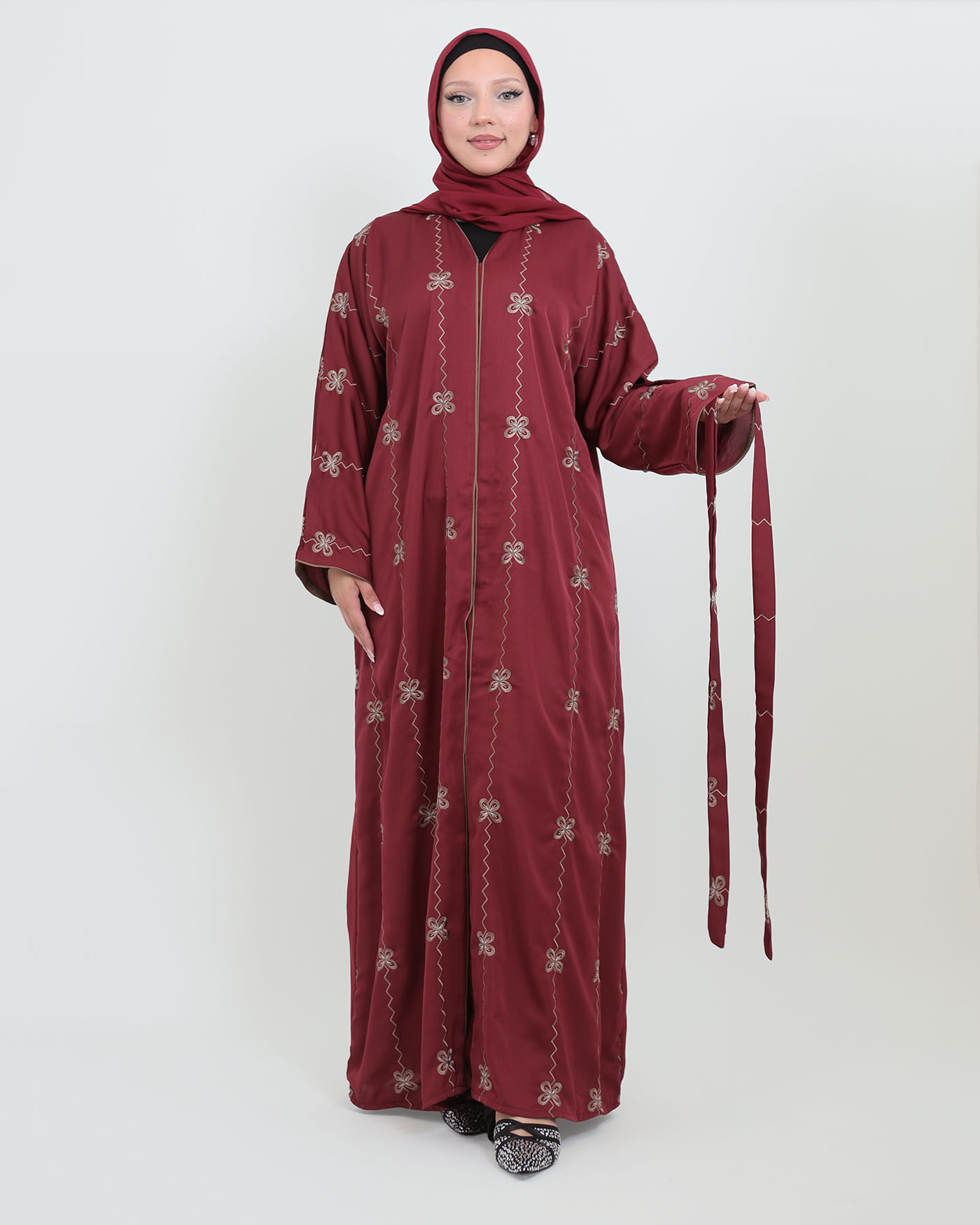 Decorated Abaya in Nida fabric with Hijab - Wine Red - 3