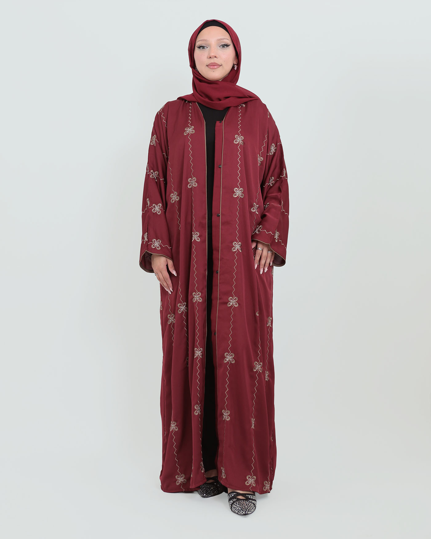 Decorated Abaya in Nida fabric with Hijab - Wine Red - 11