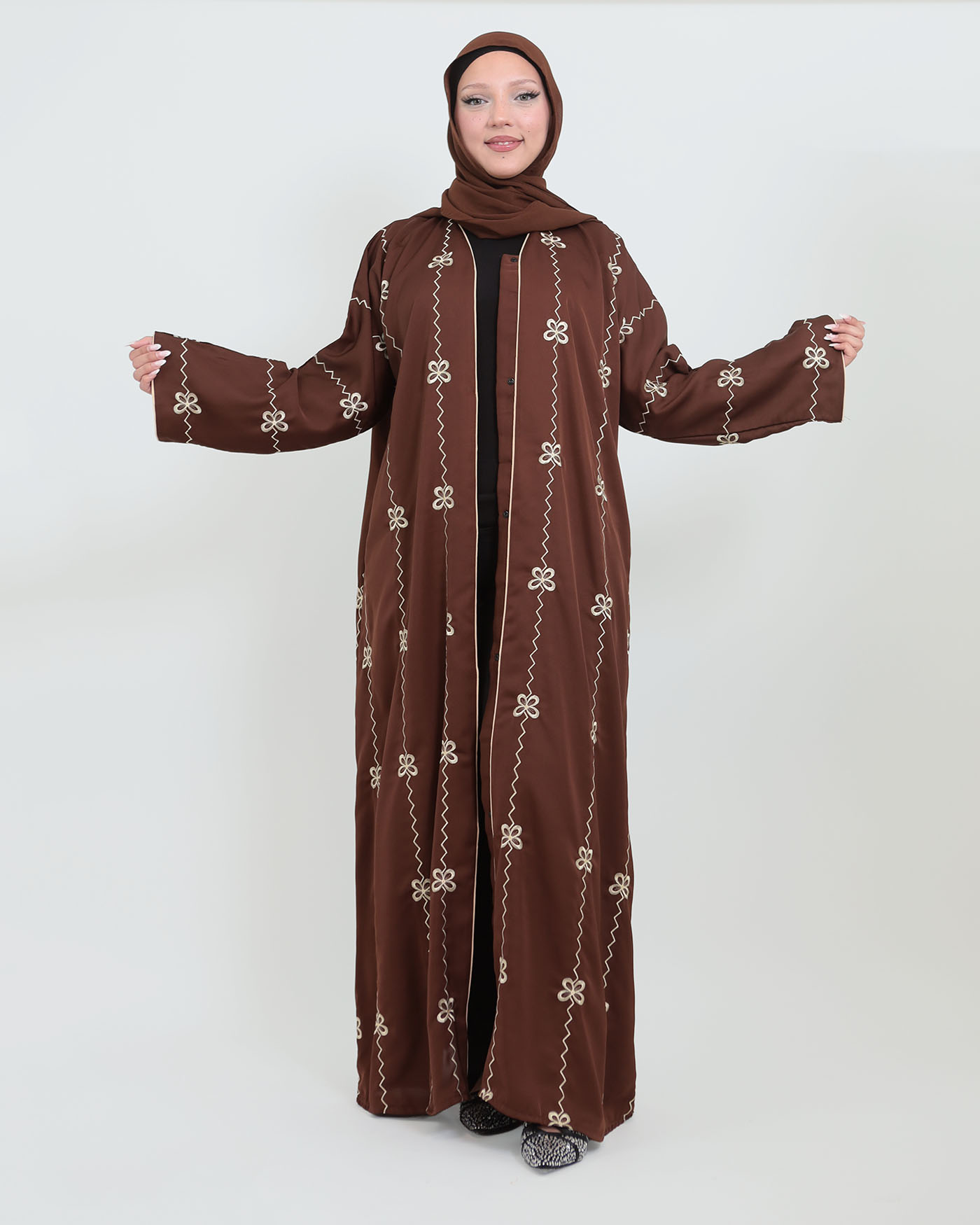 Decorated Abaya in Nida fabric with Hijab - Dark Brown - 4