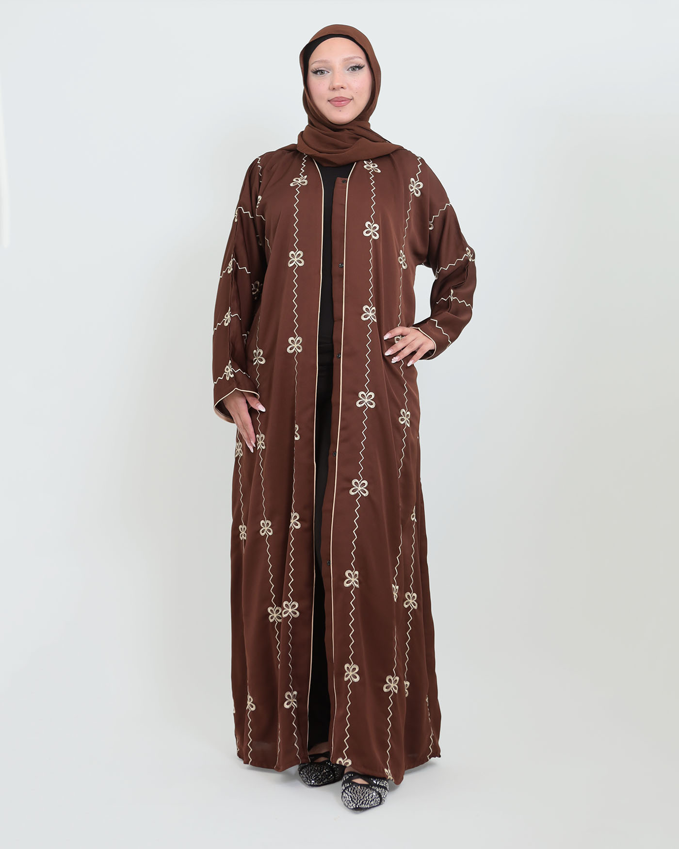 Decorated Abaya in Nida fabric with Hijab - Dark Brown