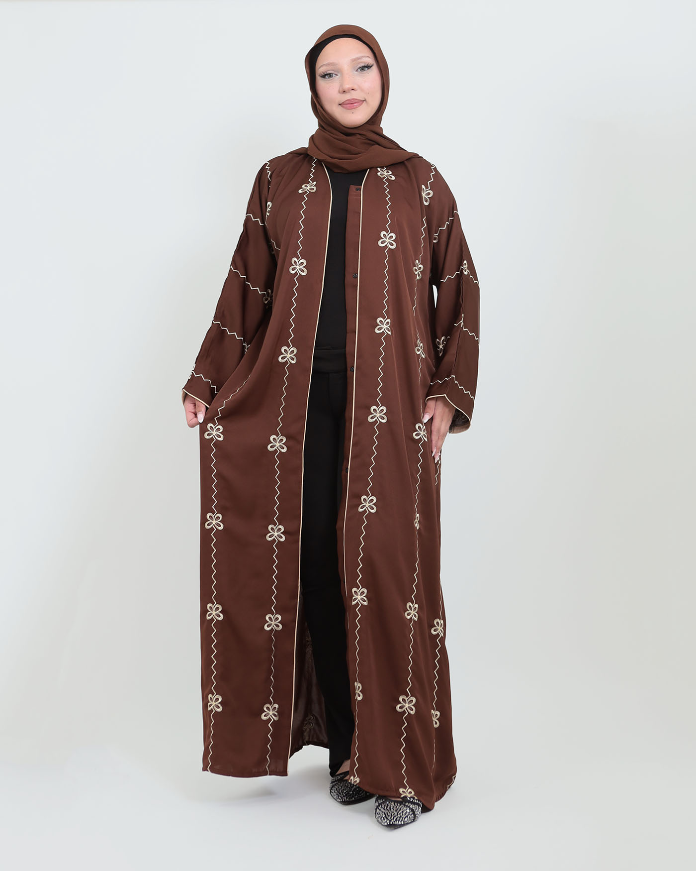 Decorated Abaya in Nida fabric with Hijab - Dark Brown - 3