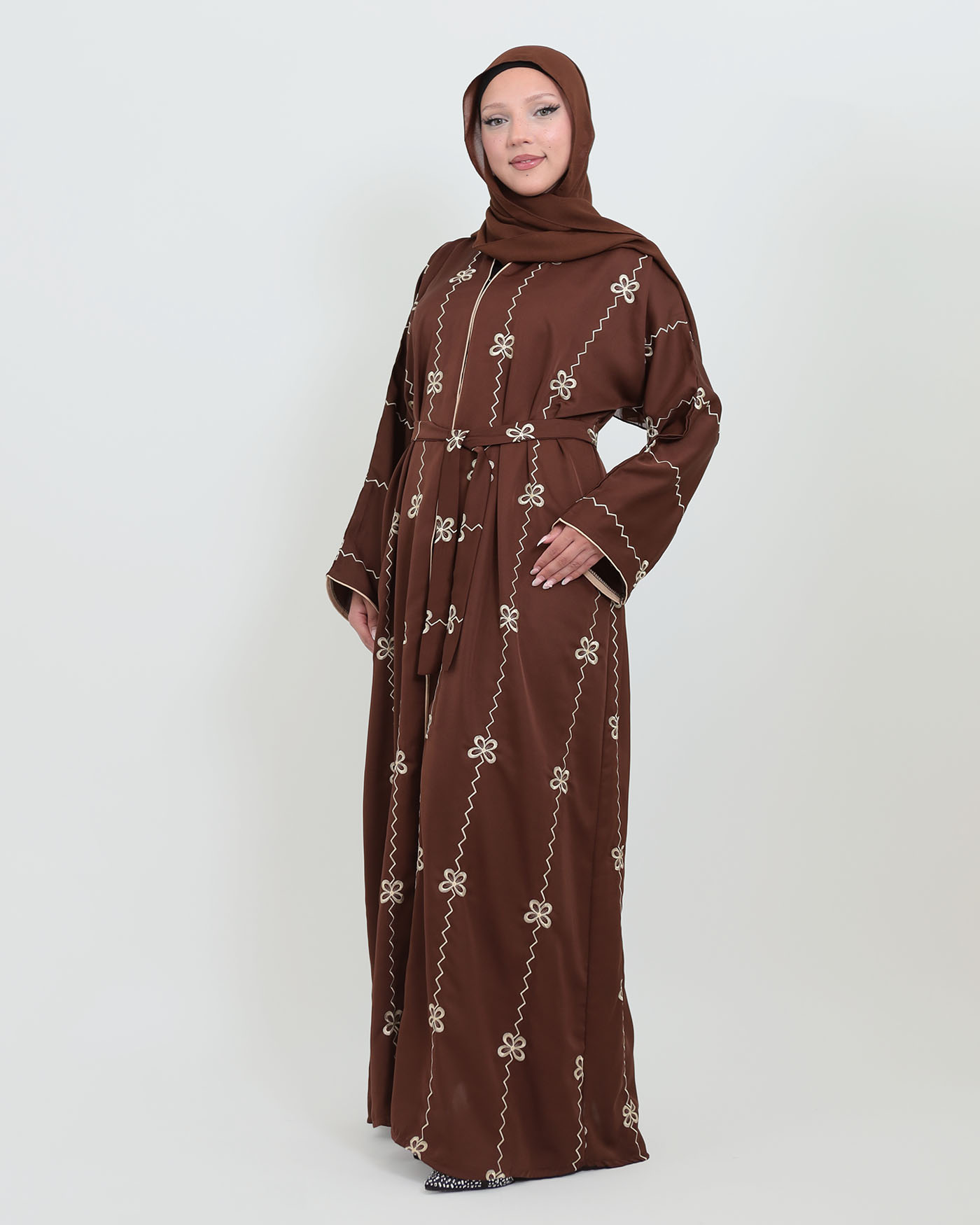 Decorated Abaya in Nida fabric with Hijab - Dark Brown - 8