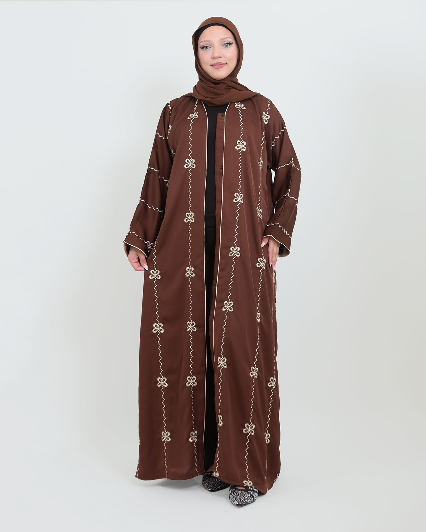 Decorated Abaya in Nida fabric with Hijab - Dark Brown - 2