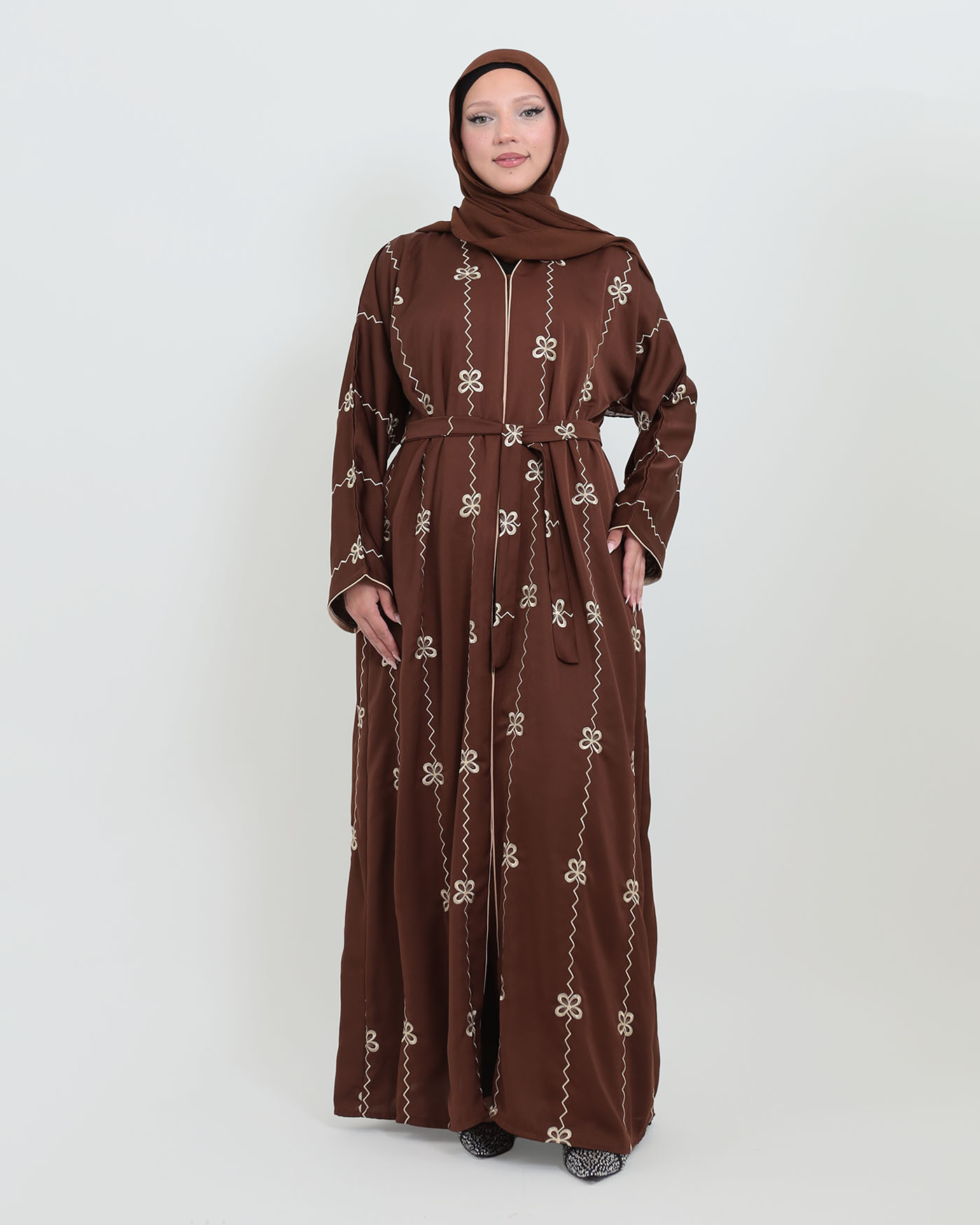 Decorated Abaya in Nida fabric with Hijab - Dark Brown - 6