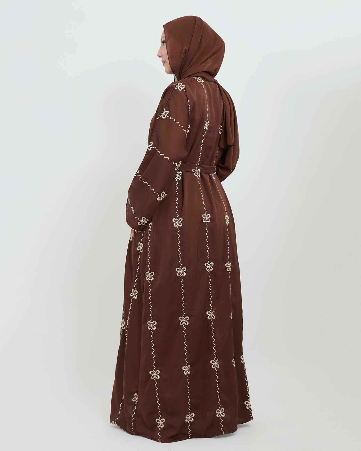 Decorated Abaya in Nida fabric with Hijab - Dark Brown - 9