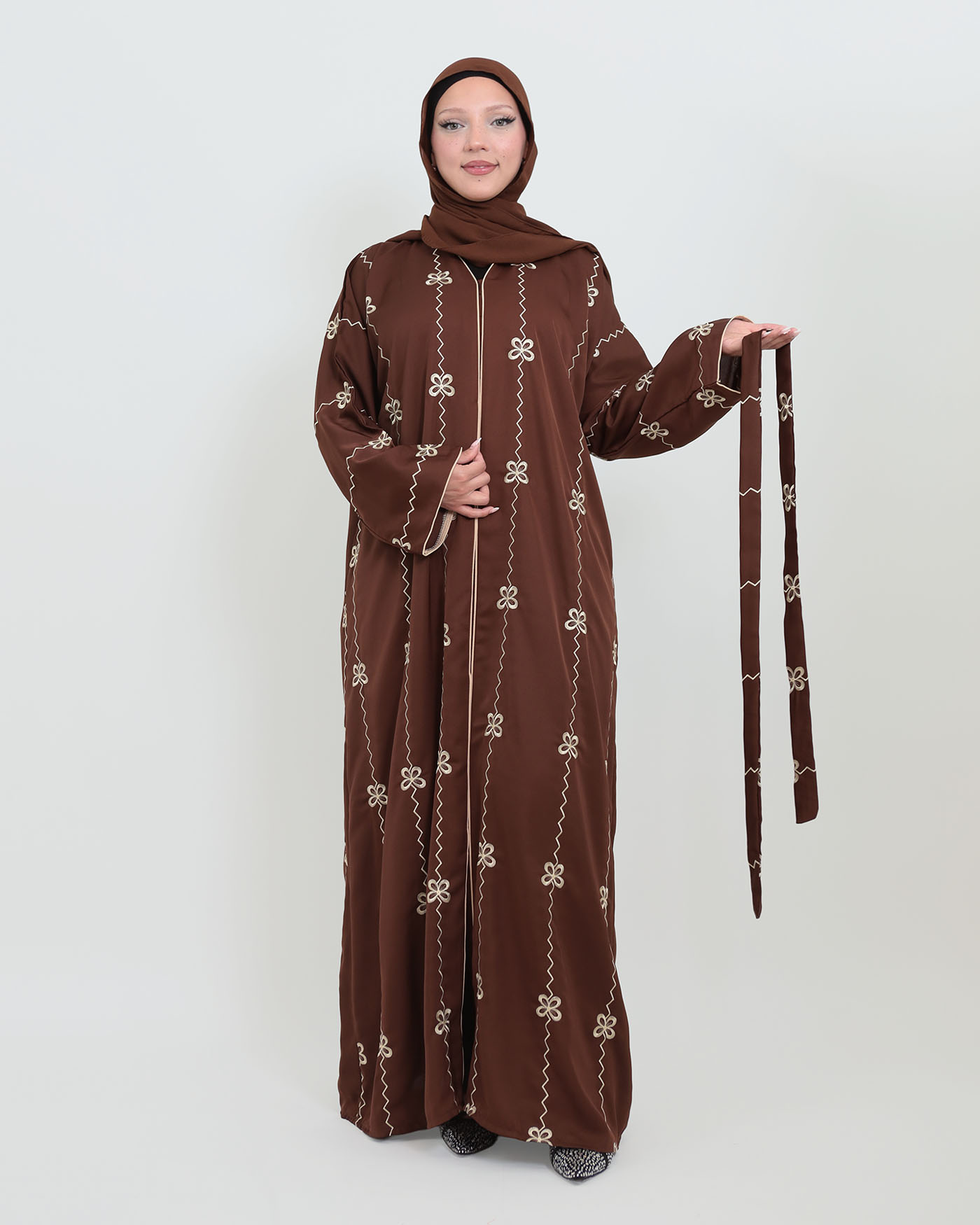 Decorated Abaya in Nida fabric with Hijab - Dark Brown - 5