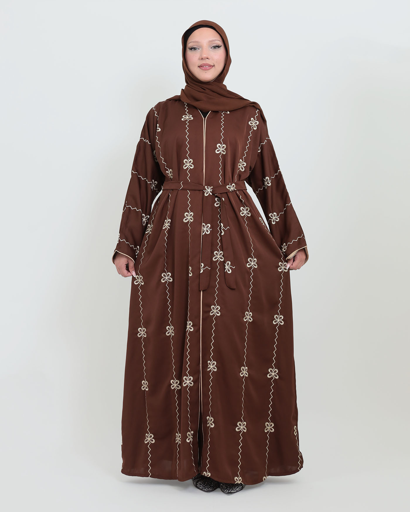 Decorated Abaya in Nida fabric with Hijab - Dark Brown - 7