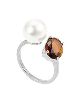 Pearl and brown stone ring steel