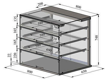 Neutral glass display case, NL SQ 800 3TP