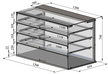 Neutral glass display case, NL SQ 1200 3TP