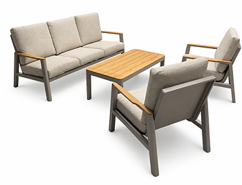 Kyrkås soffgrupp khaki i aluminium med teakdetaljer och beige dynor hos Åsen Sommarmöbler i Vara