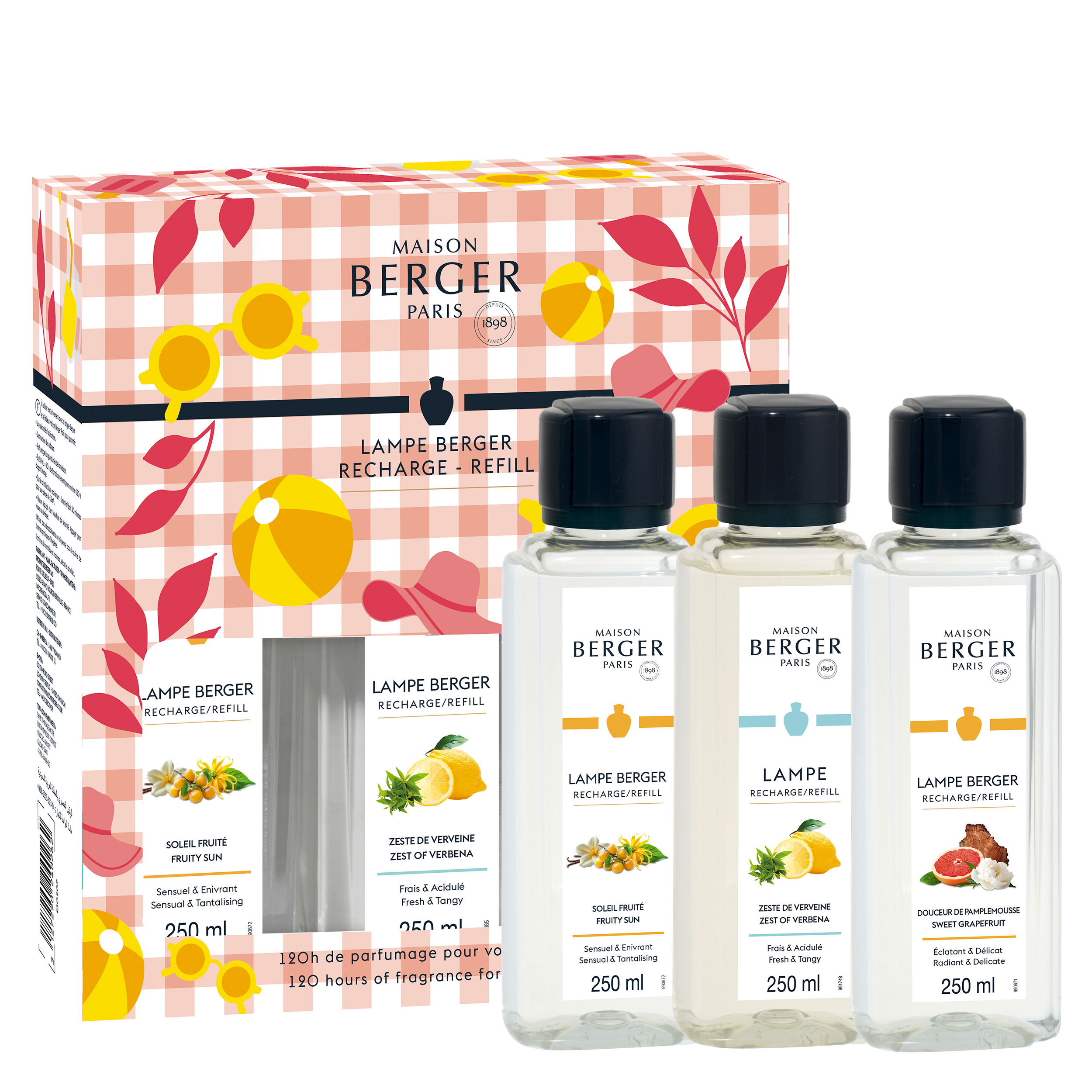 Maison Berger Presentset Estivale - Refillvätska till Doftlampa - 3 x 250 ml - Fruity Sun, Zest de Verbena & Sweet Grapefruit