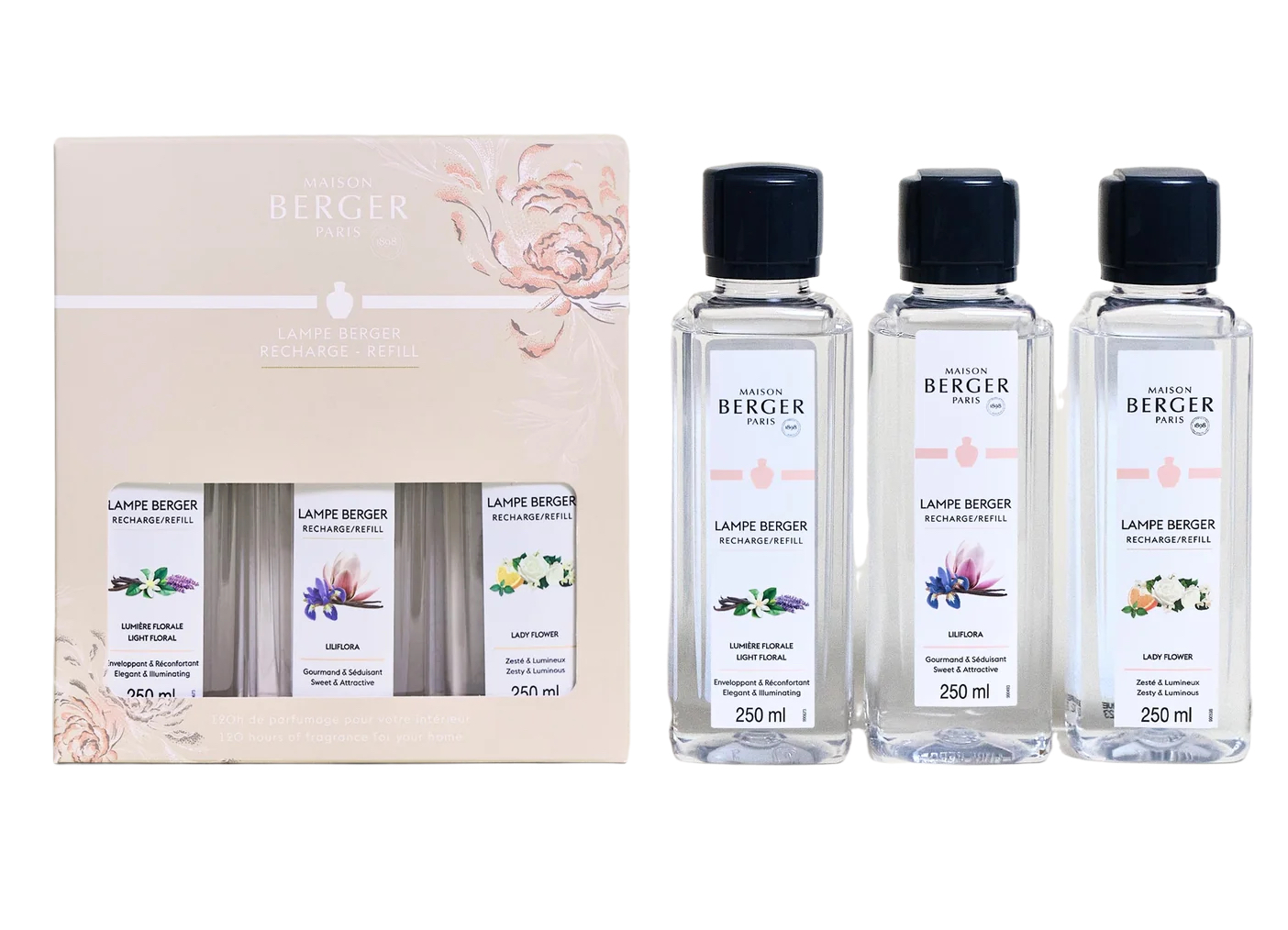 Maison Berger Presentset Ophelia - Refillvätska till Doftlampa - 3 x 250 ml - Light Floral, Liliflora & Lady Flower