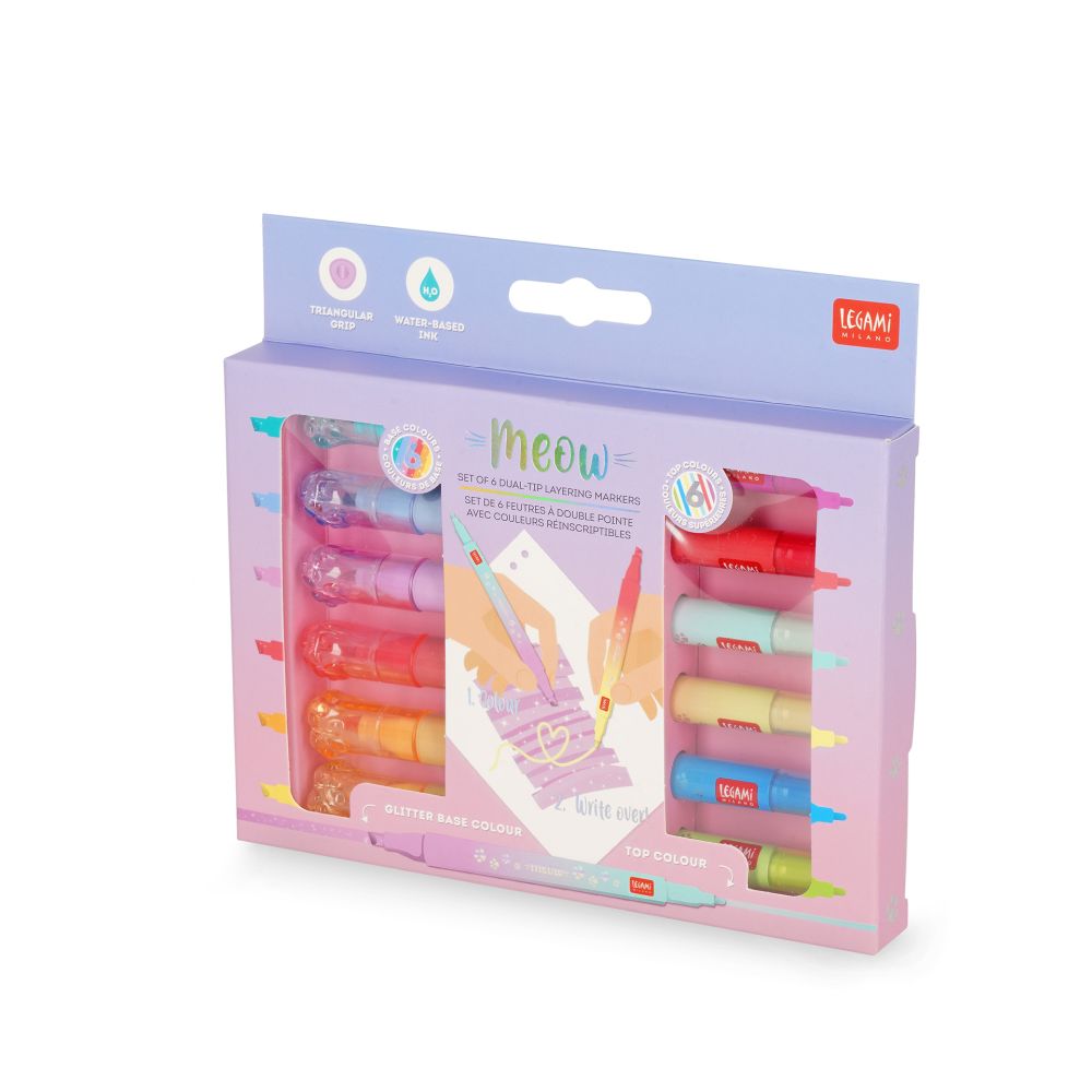 Meow Markers, glitter, sæt med 6 markers (12 farver)