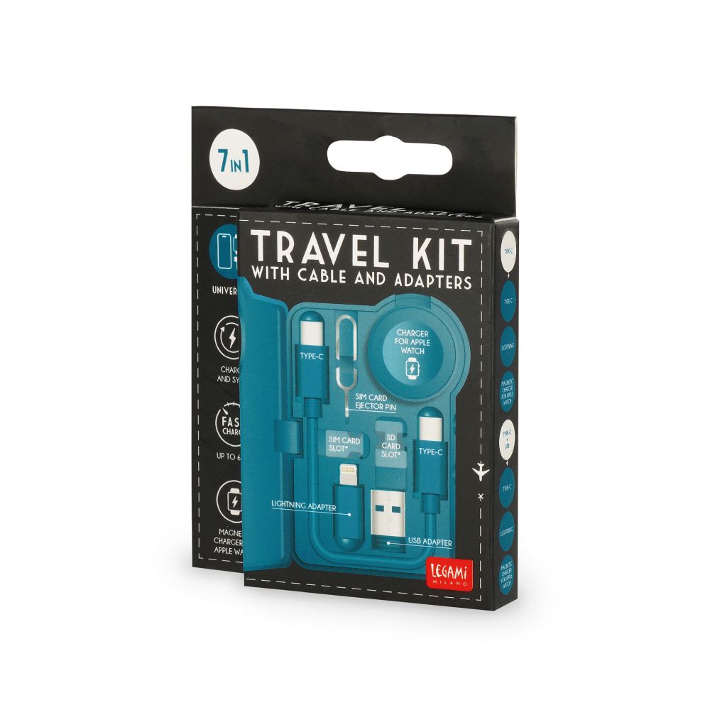 Travel kit with cable and adapters, Petrol