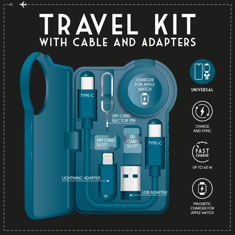 Travel kit with cable and adapters, Petrol - 7