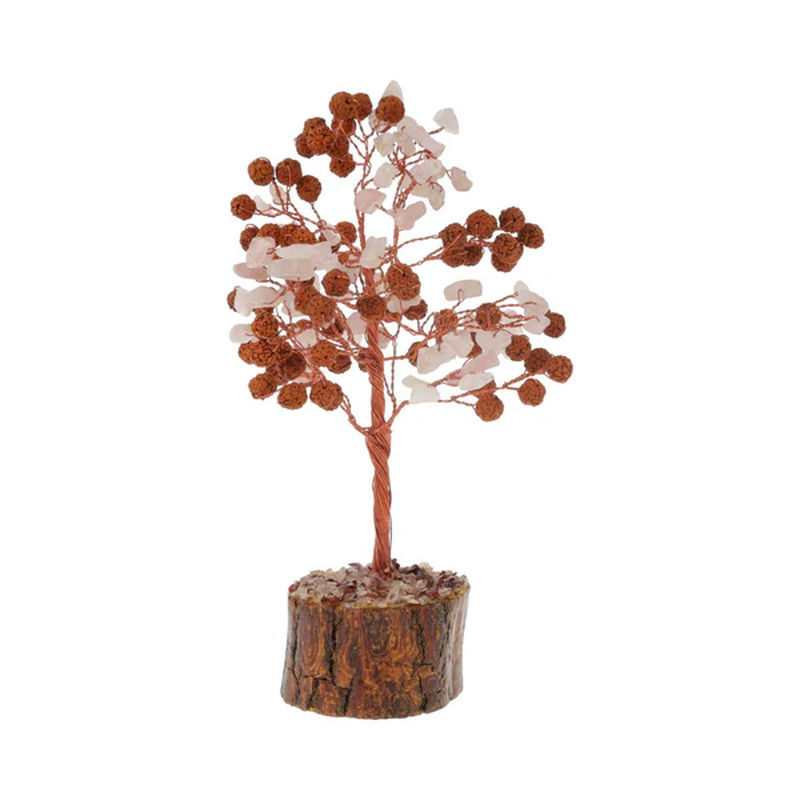 Ädelsten träd rosenkvarts och Rudraksha 18 cm