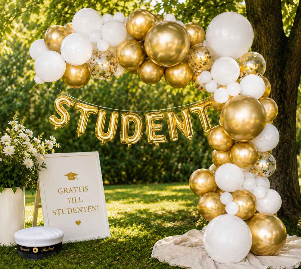 Elegant studentdekoration med guldvit ballongbåge och studentballonger