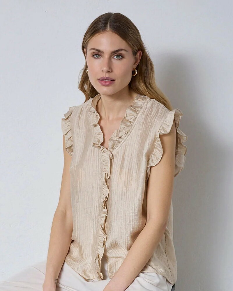 Blus Tassy frill utan ärm volang ljusbeige