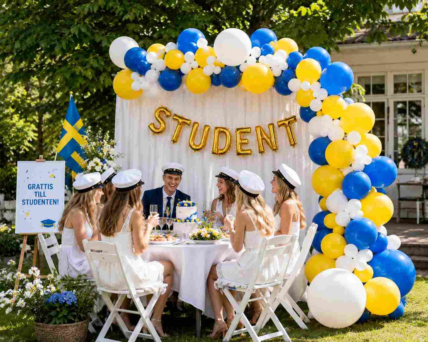 Student Ballongbåge Blå Gul Vit XL- STUDENT Girlang - 2