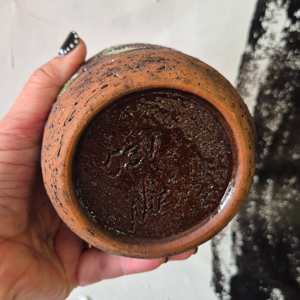 vintage VAS med hänkel, grov brun lera och grön glasyr, Bromma keramik, h  18,5 cm  - 5