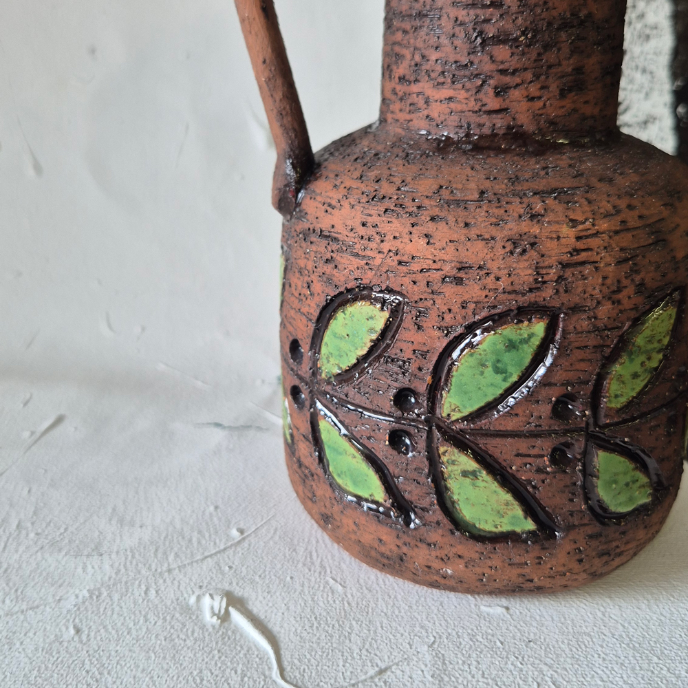 vintage VAS med hänkel, grov brun lera och grön glasyr, Bromma keramik, h  18,5 cm  - 3