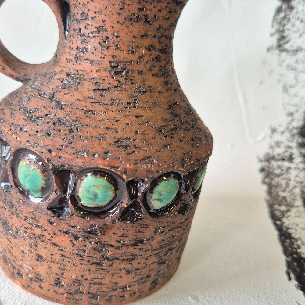 vintage VAS med hänkel, grov brun lera och grön glasyr, Bromma keramik, h  11,5 cm  - 3
