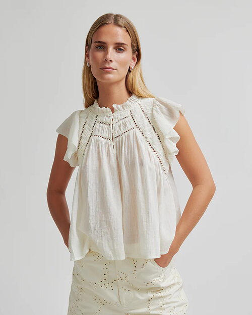 Blus Gaya volangkrage & ärm ljusbeige