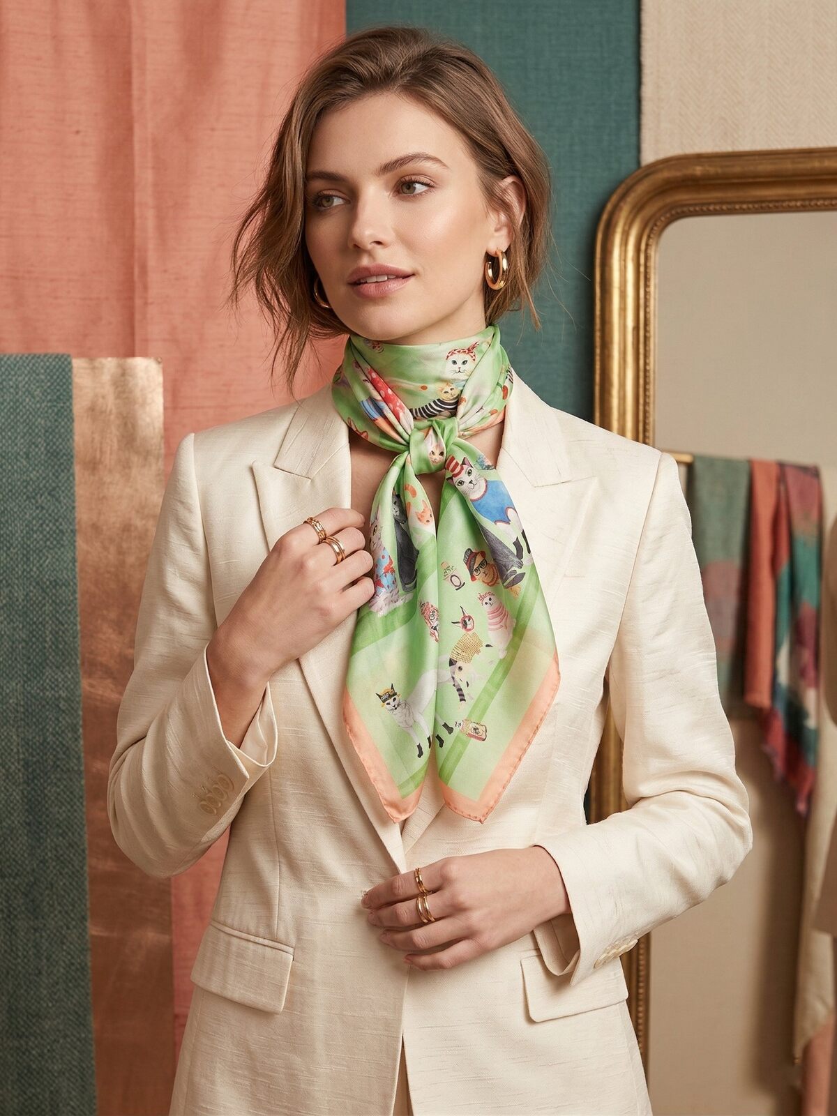 Scarf mini cats green