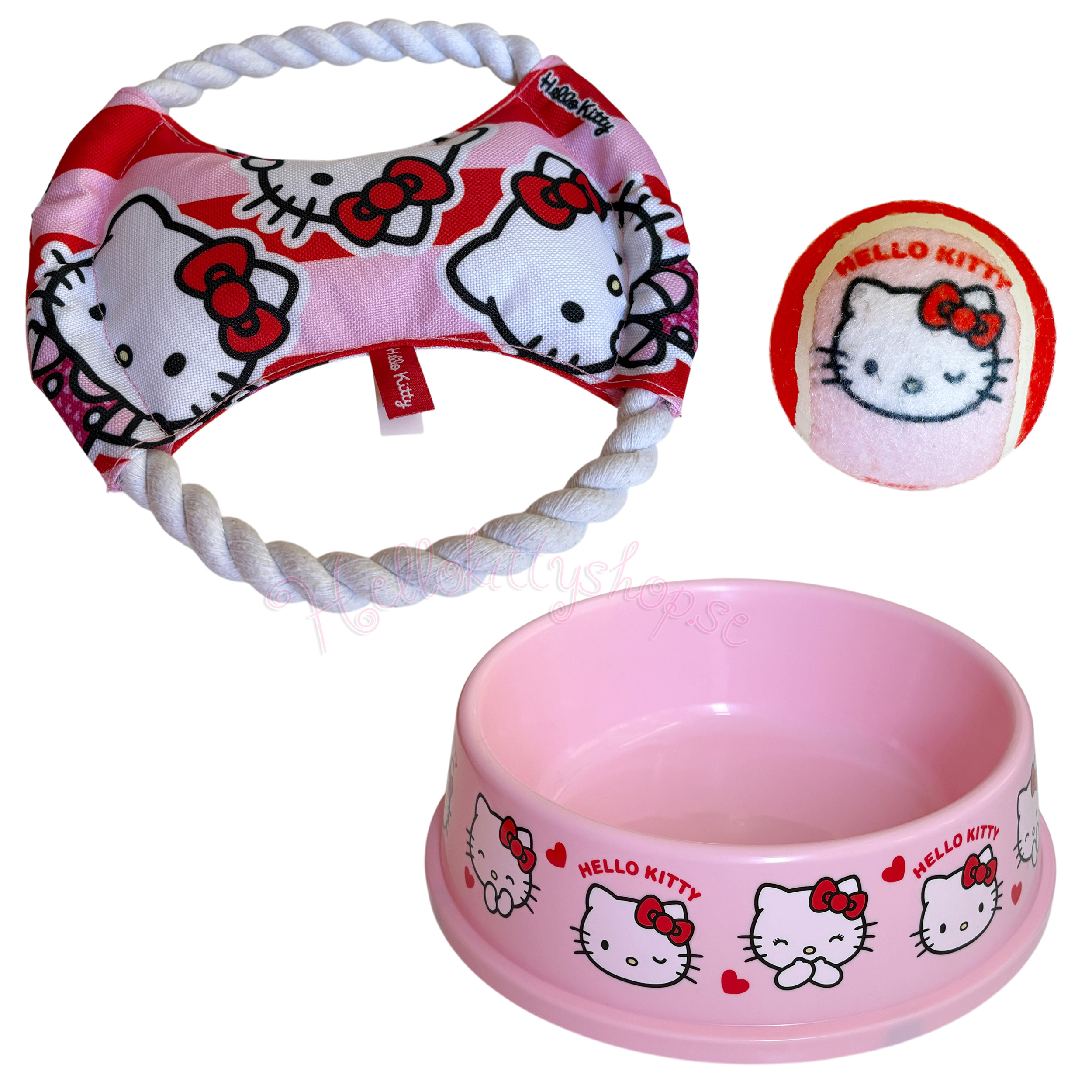 Hello Kitty 3-delat Rosa Set för Hundar -  Matskål, Repleksak och Boll