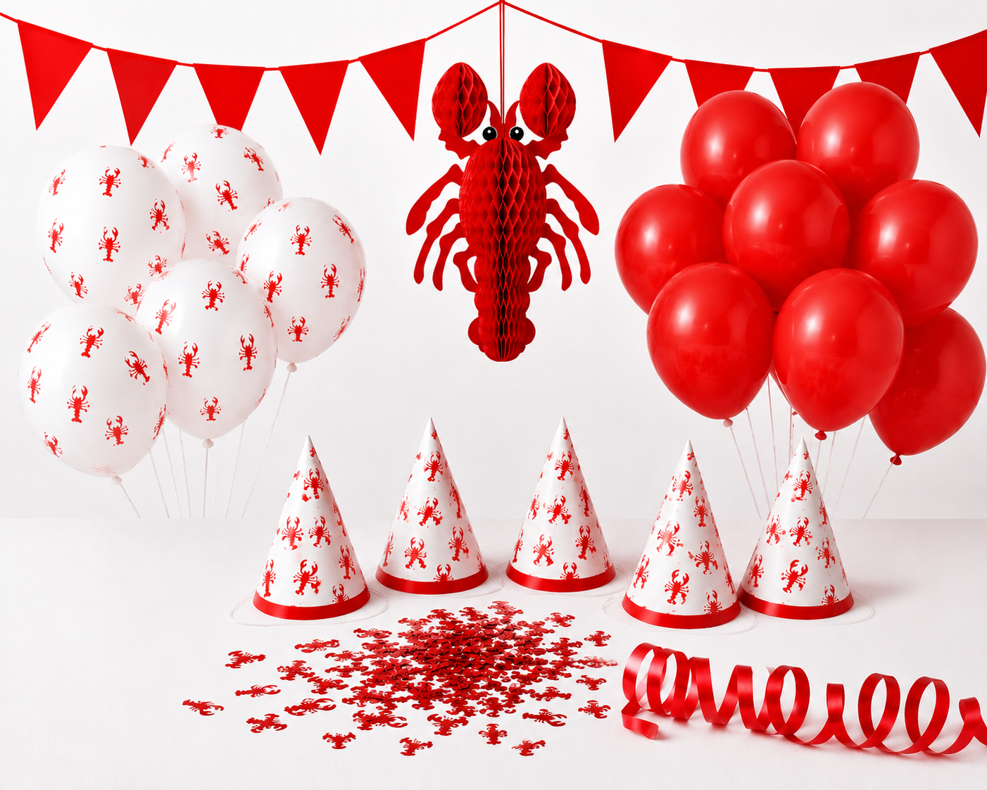 Kräftskiva dekorationspaket mini med ballonger, partyhattar och honeycomb kräfta
