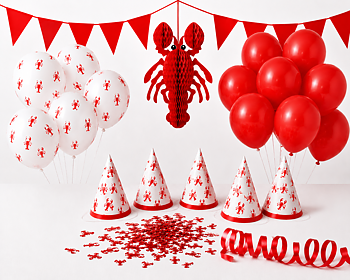Kräftskiva dekorationspaket mini med ballonger, partyhattar och honeycomb kräfta