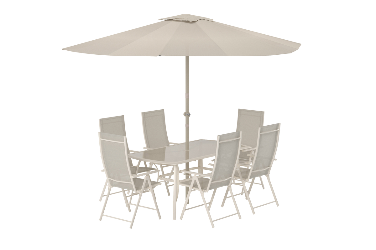 Brekki matset beige/beige med bord, sex positionsstolar och parasoll för altan och trädgård