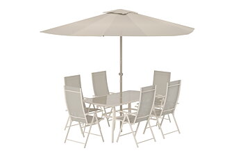 Brekki matset beige/beige med bord, sex positionsstolar och parasoll för altan och trädgård