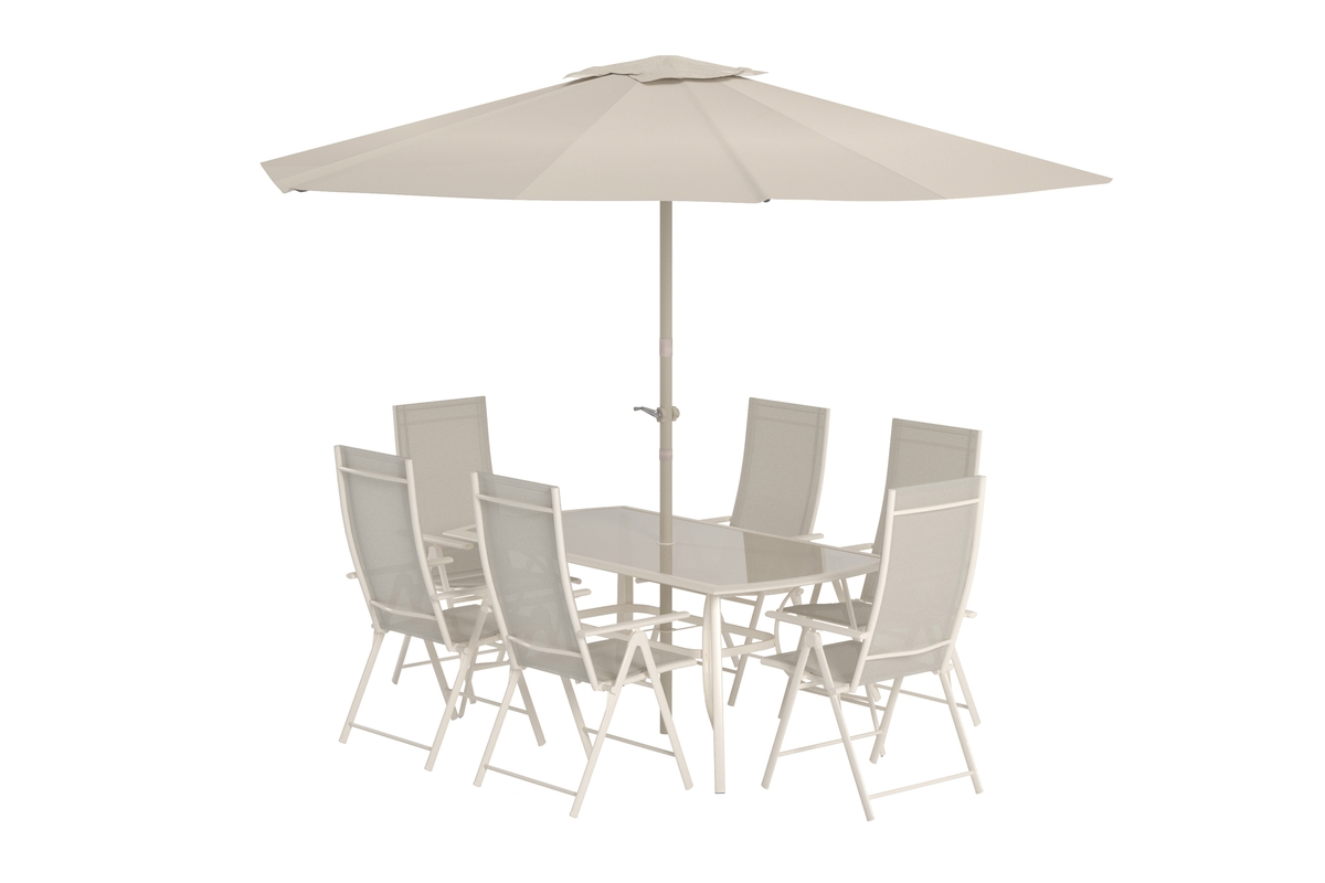 Brekki matgrupp i beige från Venture Design med glasskiva, parasoll och sex stolar